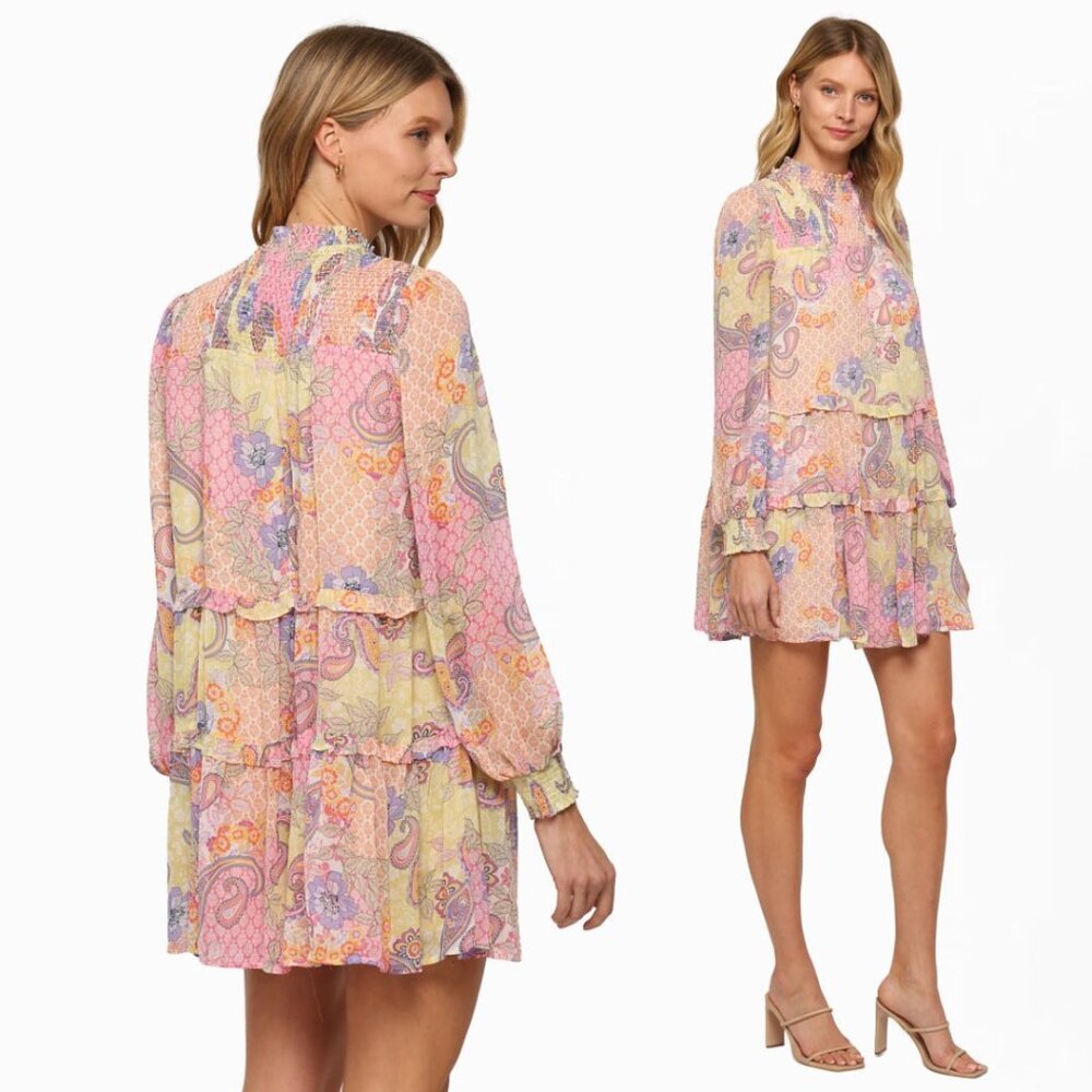 Fate Women's Tiered Smock Mini Dress Large Pink Paisley Boho Long Sleeve Fairy